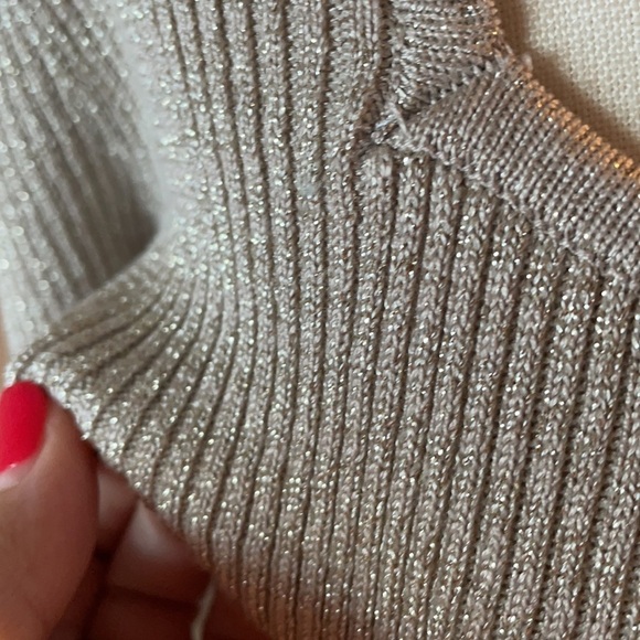 NWT juniors square neck metallic shimmer champagne beige sweater 1/2 sleeve L - Picture 4 of 11